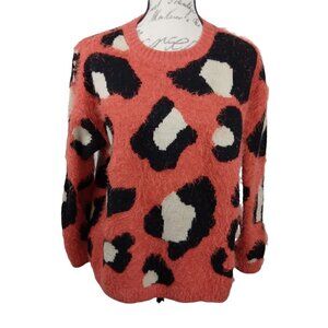 Easel | Orange Cheetah Print Eyelash Pullover Crewneck Sweater | Size S